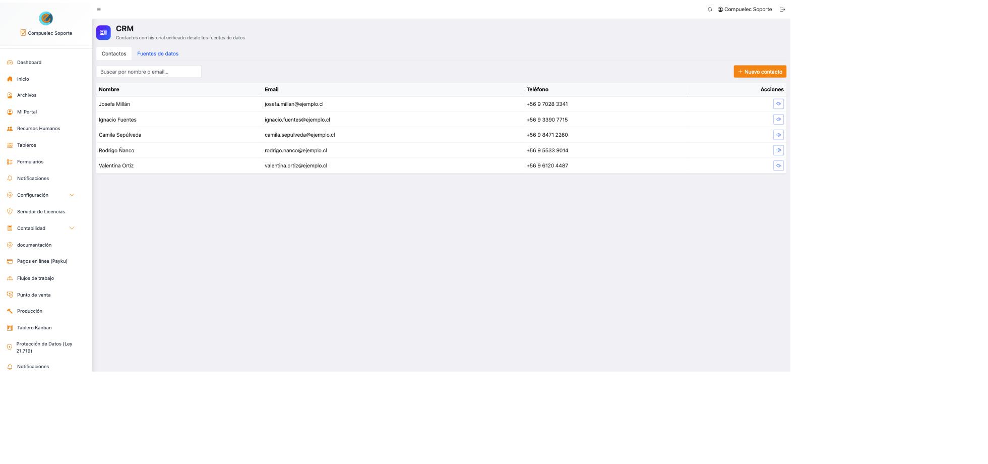 Listado de contactos del CRM