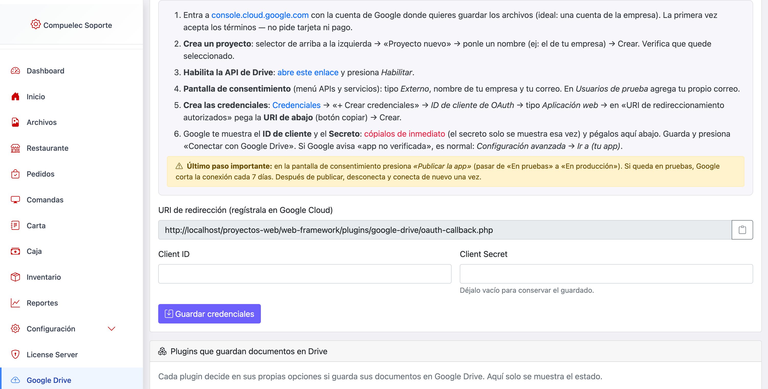 La pantalla Google Drive del panel: la guía, la URI de redirección con su botón de copiar, y las casillas del Client ID y el Client Secret