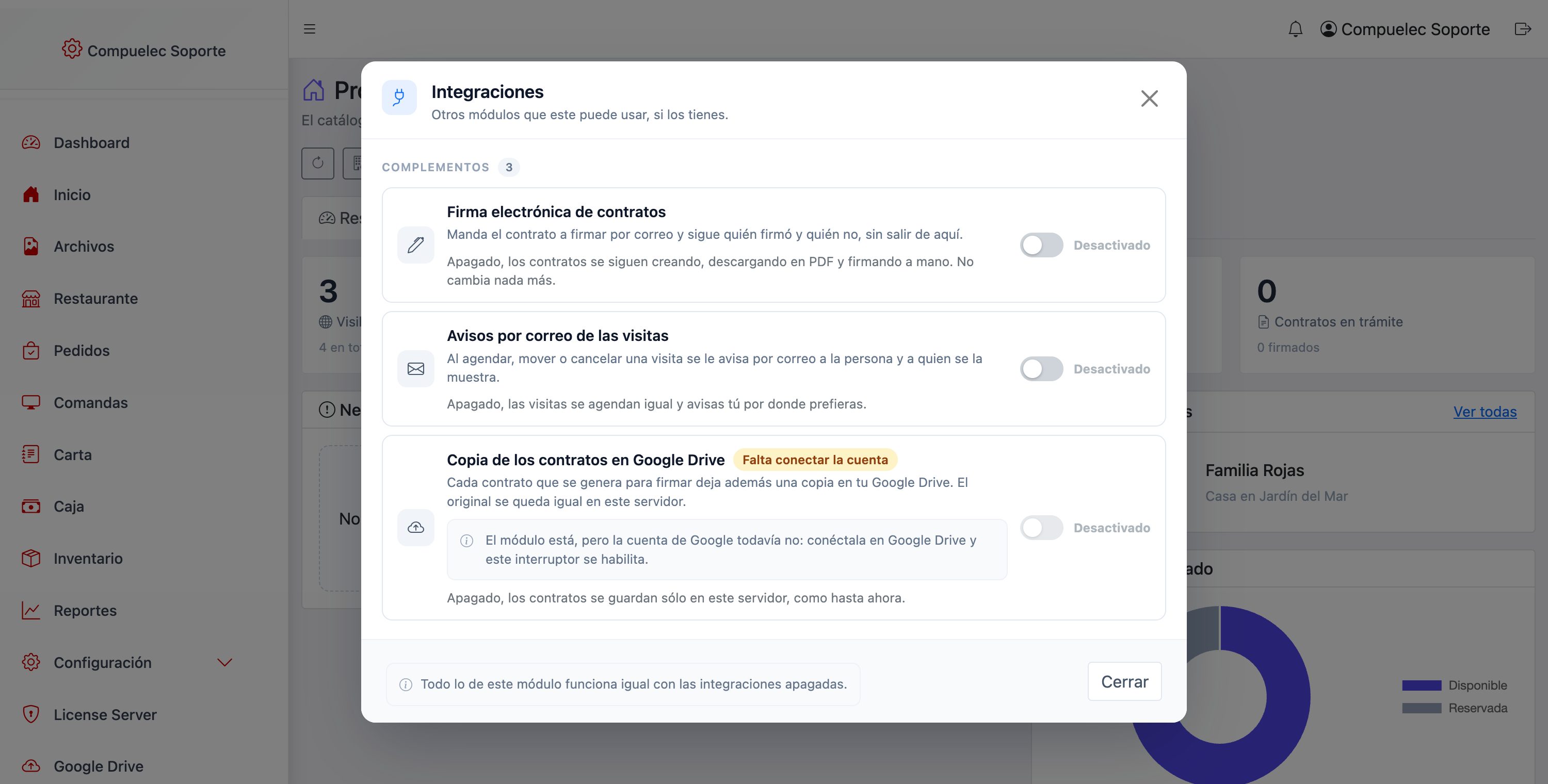 Las tres integraciones del módulo, cada una diciendo qué da encendida y qué pasa apagada