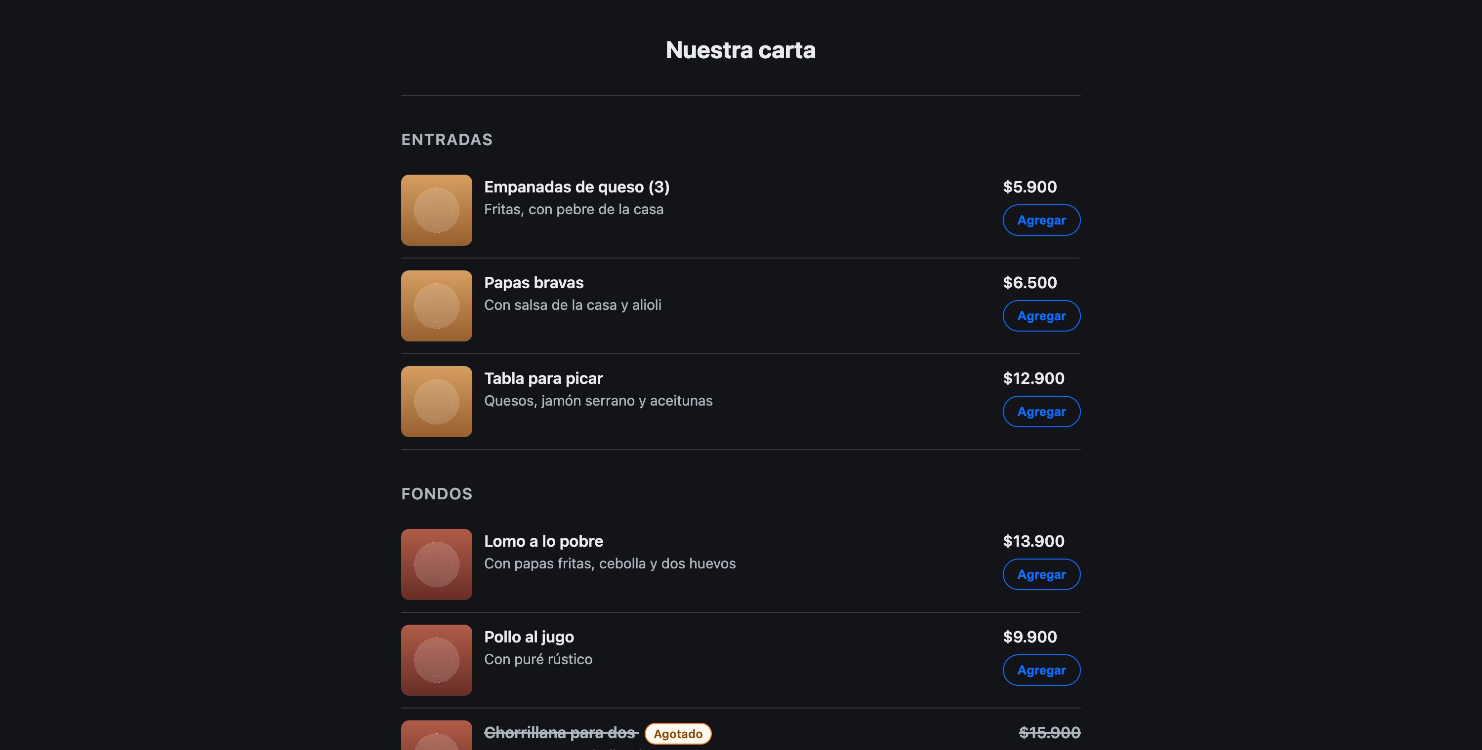 La carta como la ve un cliente en su teléfono